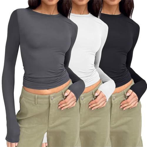 3er Pack T-Shirt Damen Rundhals Tshirt Eng Skims Dubs Damen Basic Y2k Top Einfarbig Shirt Kurzarm/Langarm Slim Fit Tshirts (Langarm-Dunkelgrau,S) von NAJZYBA