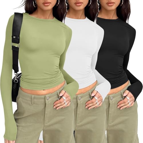 3er Pack T-Shirt Damen Rundhals Tshirt Eng Skims Dubs Damen Basic Y2k Top Einfarbig Shirt Kurzarm/Langarm Slim Fit Tshirts (Langarm-Grün,S) von NAJZYBA