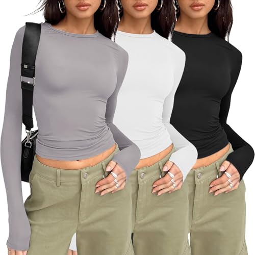 3er Pack T-Shirt Damen Rundhals Tshirt Eng Skims Dubs Damen Basic Y2k Top Einfarbig Shirt Kurzarm/Langarm Slim Fit Tshirts (Langarm-Hellgrau,M) von NAJZYBA
