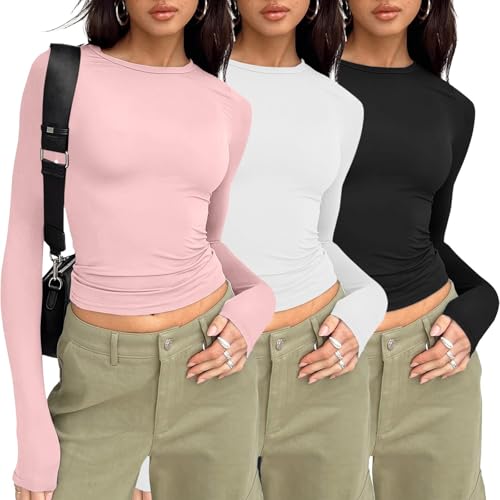3er Pack T-Shirt Damen Rundhals Tshirt Eng Skims Dubs Damen Basic Y2k Top Einfarbig Shirt Kurzarm/Langarm Slim Fit Tshirts (Langarm-Rosa,L) von NAJZYBA