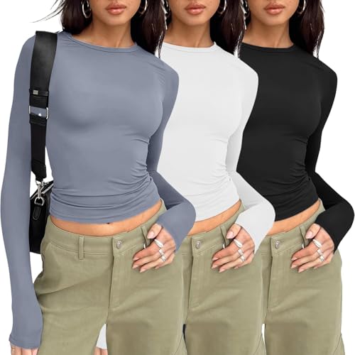 3er Pack T-Shirt Damen Rundhals Tshirt Eng Skims Dubs Damen Basic Y2k Top Einfarbig Shirt Kurzarm/Langarm Slim Fit Tshirts (Langarm-Schiefergrau,M) von NAJZYBA