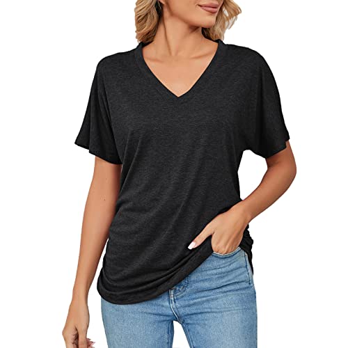 Damen T-Shirt Sommer Kurzarm V Ausschnitt Oberteile Solide Casual Basic Tops Locker Blusen für Frauen (Schwarz,XXL) von NAJZYBA