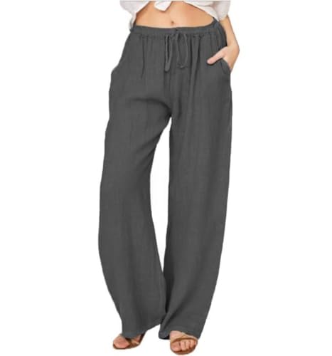 Leinenhose Damen Weite Sommerhosen Leicht mit Elastischem Bund Casual Loose Fit Trousers Freizeithose mit Taschen Frauen Hosen Hippie Boho Haremshosen (Dunkelgrau,4XL) von NAJZYBA