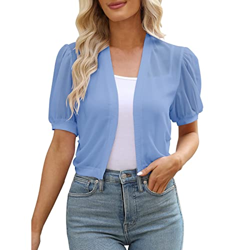 NAJZYBA Chiffon Bolero Damen Bolerojacke Festlich Kurzarm Elegant Jacke Leicht Transparent Offene Strickjacke Cardigan für Sommer (DE/NL/SE/PL, Alphanumerisch, M, Regular, Regular, Hellblau) von NAJZYBA