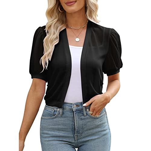 NAJZYBA Chiffon Bolero Damen Bolerojacke Festlich Kurzarm Elegant Jacke Leicht Transparent Offene Strickjacke Cardigan für Sommer (DE/NL/SE/PL, Alphanumerisch, S, Regular, Regular, Schwarz) von NAJZYBA