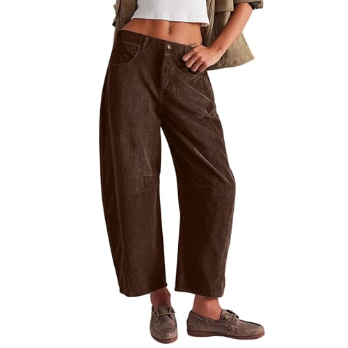 NAJZYBA Cordhose Damen Casual High Waist Tapered Hose Baumwoll 7/8 Gerades Bein Hosen Einfarbig Freizeithosen mit Taschen (Braun,L) von NAJZYBA