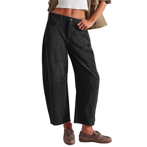 NAJZYBA Cordhose Damen Casual High Waist Tapered Hose Baumwoll 7/8 Gerades Bein Hosen Einfarbig Freizeithosen mit Taschen (Dunkelgrau,L) von NAJZYBA