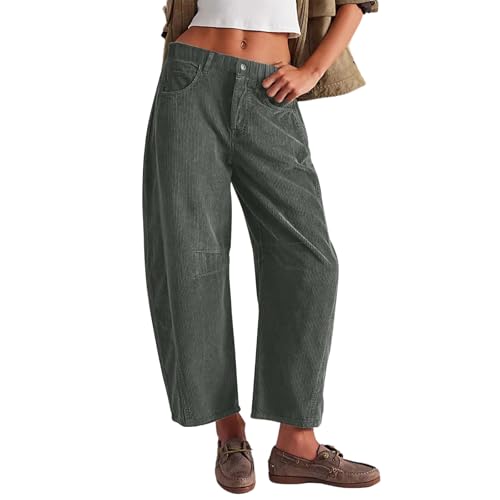 NAJZYBA Cordhose Damen Casual High Waist Tapered Hose Baumwoll 7/8 Gerades Bein Hosen Einfarbig Freizeithosen mit Taschen (Dunkelgrün,M) von NAJZYBA