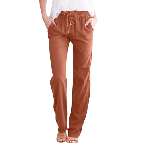 NAJZYBA Sommerhose Damen Leicht Leinenhose Hose Musselin Hosen Stoffhose Einfarbig Freizeithose Gerade Geschnitten Hose Sommerhose und Taschen (0106&01-Brown, S) von NAJZYBA