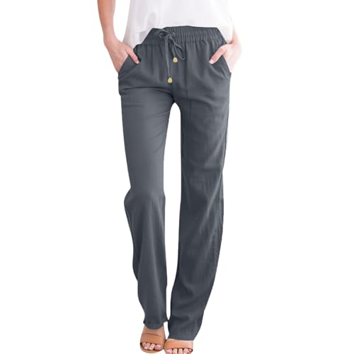 NAJZYBA Sommerhose Damen Leicht Leinenhose Musselin Hosen Stoffhose Einfarbig Freizeithose Gerade Geschnitten Hose Sommerhose und Taschen von NAJZYBA