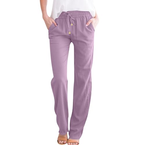 NAJZYBA Sommerhose Damen Leicht Leinenhose Hose Musselin Hosen Stoffhose Einfarbig Freizeithose Gerade Geschnitten Hose Sommerhose und Taschen (0106&01-Purple, S) von NAJZYBA