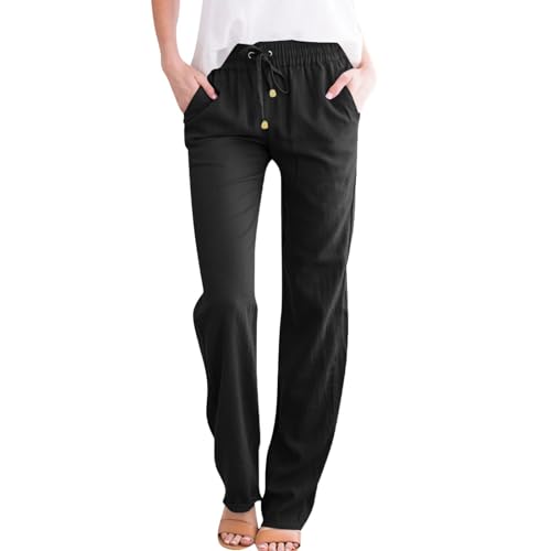 NAJZYBA Sommerhose Damen Leicht Leinenhose Hose Musselin Hosen Stoffhose Einfarbig Freizeithose Gerade Geschnitten Hose Sommerhose und Taschen (0106&03-Black, XXXL) von NAJZYBA