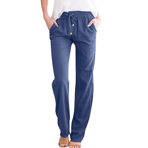 NAJZYBA Sommerhose Damen Leicht Leinenhose Hose Musselin Hosen Stoffhose Einfarbig Freizeithose Gerade Geschnitten Hose Sommerhose und Taschen (0106&03-Blue, L) von NAJZYBA