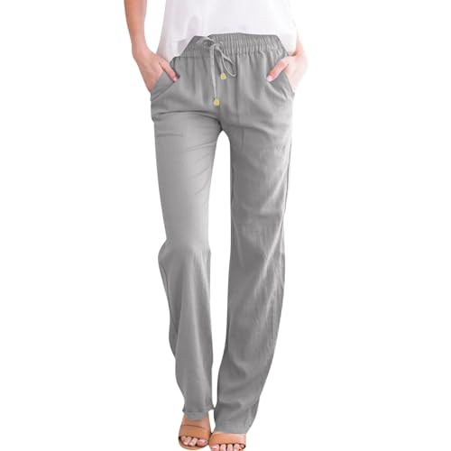 NAJZYBA Sommerhose Damen Leicht Leinenhose Hose Musselin Hosen Stoffhose Einfarbig Freizeithose Gerade Geschnitten Hose Sommerhose und Taschen (0106&03-Grey, XL) von NAJZYBA