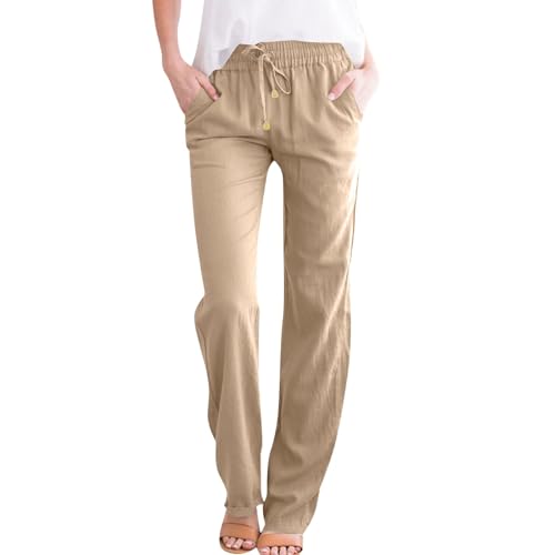 NAJZYBA Sommerhose Damen Leicht Leinenhose Hose Musselin Hosen Stoffhose Einfarbig Freizeithose Gerade Geschnitten Hose Sommerhose und Taschen (0106&03-Khaki, L) von NAJZYBA