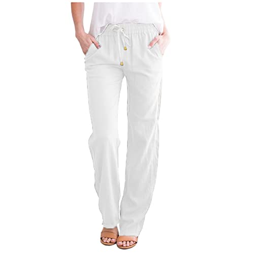 NAJZYBA Sommerhose Damen Leicht Leinenhose Hose Musselin Hosen Stoffhose Einfarbig Freizeithose Gerade Geschnitten Hose Sommerhose und Taschen (0106&04-White, L) von NAJZYBA