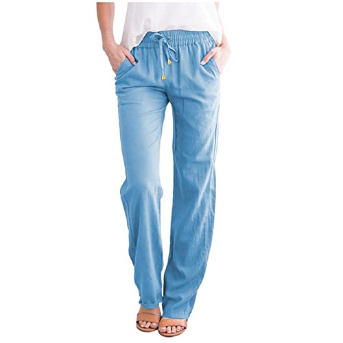 NAJZYBA Sommerhose Damen Leicht Leinenhose Hose Musselin Hosen Stoffhose Einfarbig Freizeithose Gerade Geschnitten Hose Sommerhose und Taschen (0106&05-Sky Blue, S) von NAJZYBA
