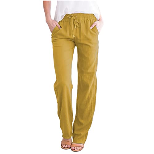 NAJZYBA Sommerhose Damen Leicht Leinenhose Hose Musselin Hosen Stoffhose Einfarbig Freizeithose Gerade Geschnitten Hose Sommerhose und Taschen (0106&05-Yellow, XXXL) von NAJZYBA