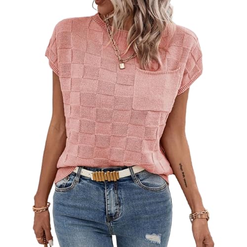 Lässiges, ärmelloses Strickpullover-Tanktop mit Rundhalsausschnitt für Damen, Pulloverweste mit Flügelärmeln für Damen, Bequeme, Trendige T-Shirts (Large,Pink) von NAKEAH