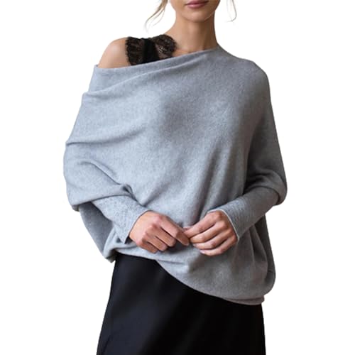 NAKEAH Asymmetrisch drapierter Pullover, Schulterfreier Pullover mit Langen Fledermausärmeln, Schulterfreier Damenpullover (One Size,Gray) von NAKEAH