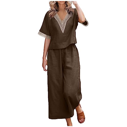 NAKEAH Damen Casual Loose Leinen Zweiteiler Set Sommer Spitze Nähte VAusschnitt Kurzarmhemd &; Hose 2teiliges Set Kaffee L von NAKEAH