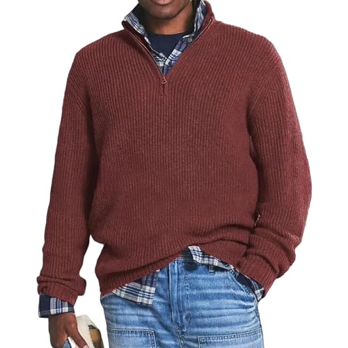 NAKEAH Herren-Kaschmir-Business-Casual-Reißverschlusspullover, Herren-Pullover mit Lockerem Reißverschluss und Stehkragen, Pullover mit 1/4-Reißverschluss (3X-Large,Red) von NAKEAH