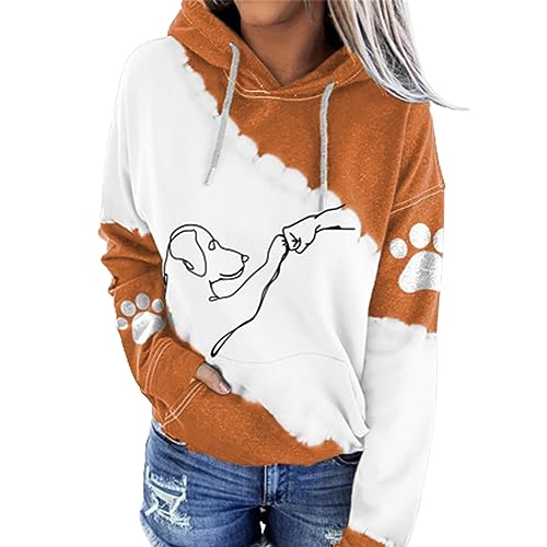 NAKEAH Kapuzenpullover mit Aufdruck „Dog High Five“, superweicher Hunde-Kapuzenpullover für Damen, langärmlig, einzigartiges Kapuzen-Sweatshirt mit Kordelzug (4X-Large,orange) von NAKEAH