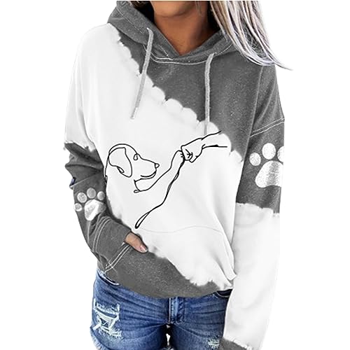 NAKEAH Kapuzenpullover mit Aufdruck „Dog High Five“, superweicher Hunde-Kapuzenpullover für Damen, langärmlig, einzigartiges Kapuzen-Sweatshirt mit Kordelzug (Medium,Gray) von NAKEAH