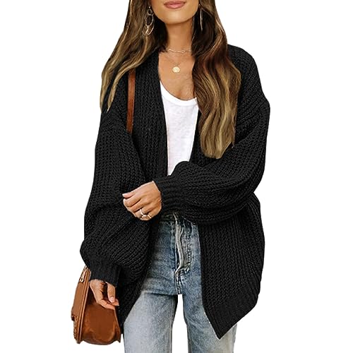 NAKEAH Kaschmir-Cocoon-Cardigan, Damen-Pullover mit V-Ausschnitt, vorne offen, Lange Ballonärmel, Damen-Pullover mit Ballonärmeln (Medium,Black) von NAKEAH