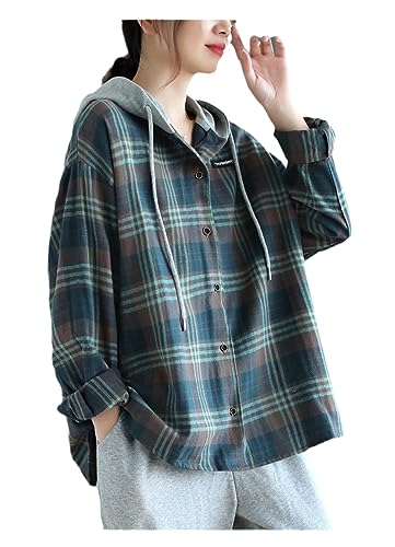 NAKEAH Literarisches VintageHemd Für Damen Aus Lockerem Baumwollleinen Mit Kapuze Und Einreihigem Karomuster Für Den Herbst Farbe2 XL von NAKEAH