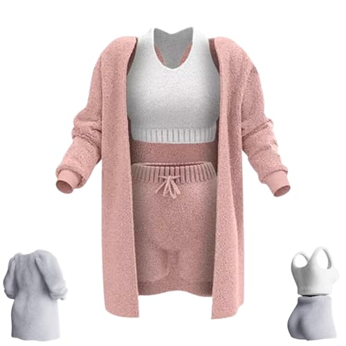 NAKEAH Misscosy Strickset 3-teilig, warmes, Flauschiges 3-teiliges Outfit-Pyjama für Damen, Misscosy 3-teilig (Large,Pink) von NAKEAH