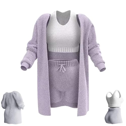 NAKEAH Misscosy Strickset 3-teilig, warmes, Flauschiges 3-teiliges Outfit-Pyjama für Damen, Misscosy 3-teilig (Large,Purple) von NAKEAH