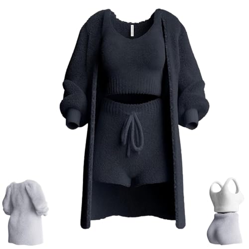 NAKEAH Misscosy Strickset 3-teilig, warmes, Flauschiges 3-teiliges Outfit-Pyjama für Damen, Misscosy 3-teilig (Small,Black) von NAKEAH