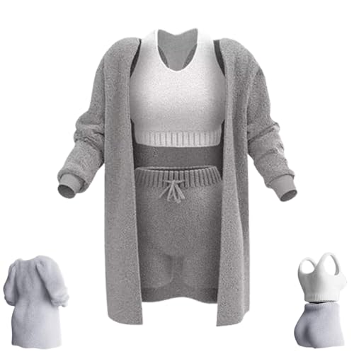 NAKEAH Misscosy Strickset 3-teilig, warmes, Flauschiges 3-teiliges Outfit-Pyjama für Damen, Misscosy 3-teilig (Small,Gray) von NAKEAH