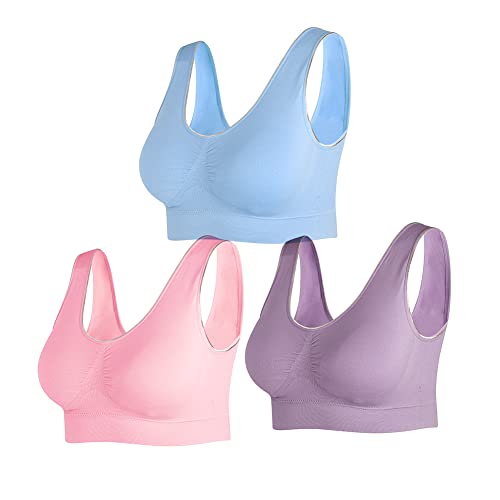 NAKQU Damen Sport BH Set Ohne Bügel Fitness Lauf Joggen Yoga Bustier Gepolsterter 3er Pack, Rosa, Blau, Lila, L von NAKQU