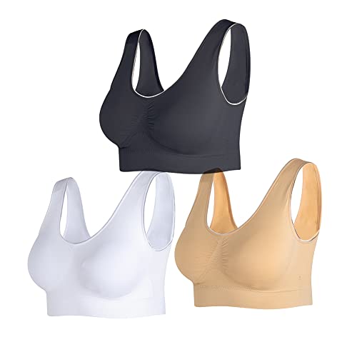 NAKQU Damen Sport BH Set Ohne Bügel Fitness Lauf Joggen Yoga Bustier Gepolsterter 3er Pack, Schwarz, Weiß, Beige, S von NAKQU