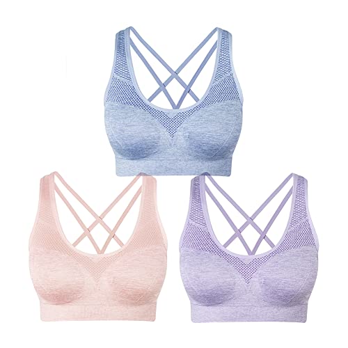 NAKQU Damen Sport BH Set Ohne Bügel Kreuz Rücken Yoga Bustier Gepolsterter 3er Pack, Rosa, Blau, Lila, 2XL von NAKQU