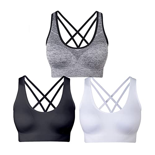 NAKQU Damen Sport BH Set Ohne Bügel Kreuz Rücken Yoga Bustier Gepolsterter 3er Pack, Schwarz, Weiß, Grau, 2XL von NAKQU