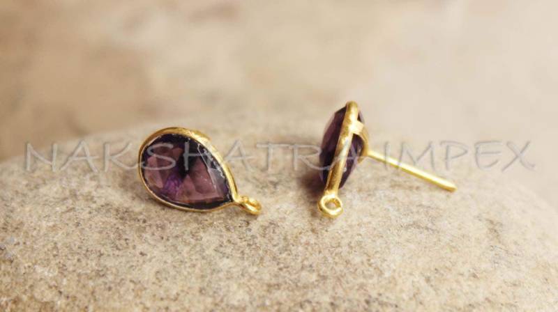 Amethyst Hydro Quarz 9x12mm Birne Facettiert 925 Sterlingsilber Gold Plattiert Glatte Oberfläche Ohrstecker Mit Schleifen von NAKSHATRAIMPEX