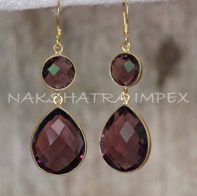 Amethyst Hydro Quarz Runde & Birne Briolette 925 Sterlingsilber Gold Plattiert Ohrbügel Ohrringe von NAKSHATRAIMPEX