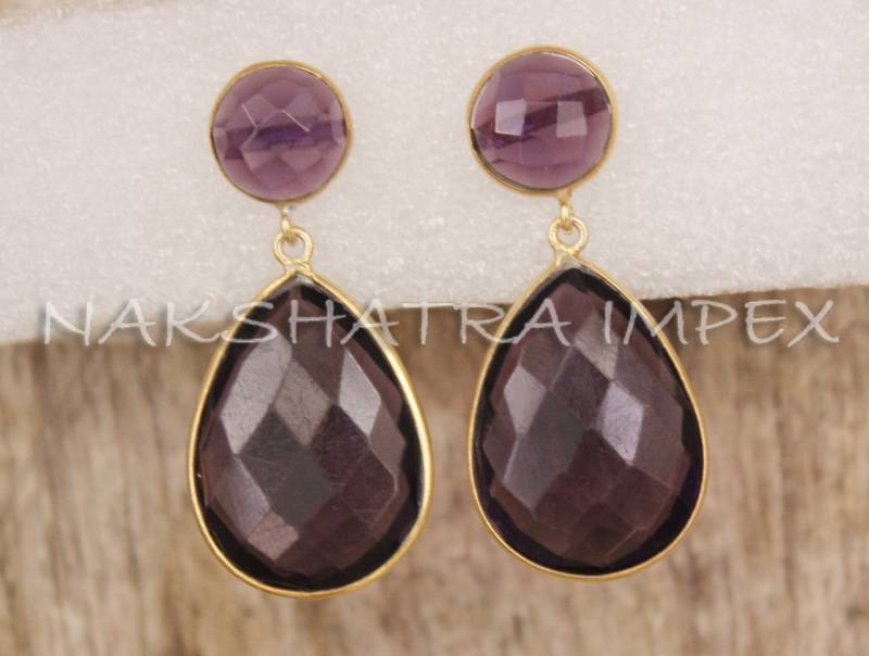 Amethyst Hydro Quarz Runde & Birne Briolette 925 Sterlingsilber Gold Plattiert Post Ohrringe von NAKSHATRAIMPEX