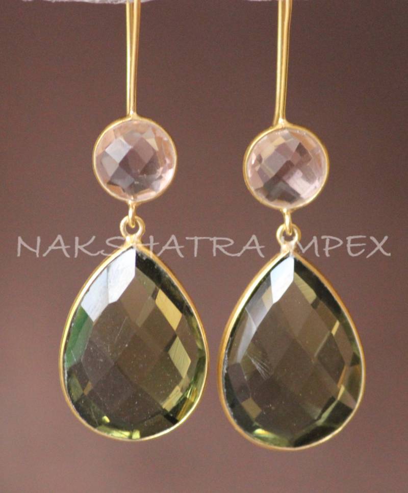 Champagner Hydro Quarz Round & Amethyst Birne Briollete 925 Sterlingsilber Gold Plattiert Ohrbügel Ohrringe Grün von NAKSHATRAIMPEX