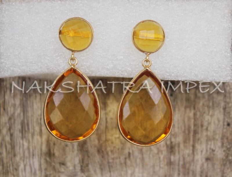 Citrin Quarz Runde & Birne Briolette 925 Sterlingsilber Gold Plattiert Post Ohrringe von NAKSHATRAIMPEX