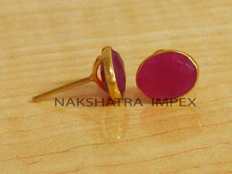 Fuchsia Pink Chalcedon 8x10mm Oval Briolette 925 Sterling Silber Vergoldet Glatt Finish Ohrstecker-Hot Edelsteine Schmuck von NAKSHATRAIMPEX