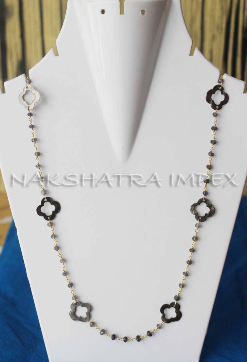 Iolite Rondelle Facette 925 Sterling Silber Perlen Kette Gold Vergoldet Halskette Mit Oxidiertem Messing Klee Rundum von NAKSHATRAIMPEX