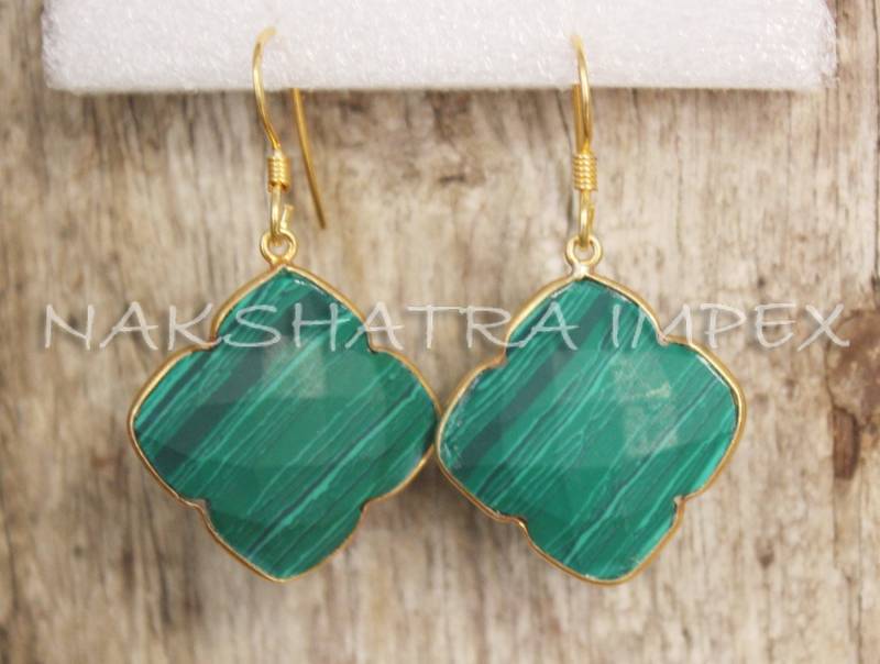 Malachit Quarz Kleeblatt Briolette 925Er Sterling Silber Vergoldet Ohrhaken - Wunderschöne Blume Förmige Lange Ohrhaken Ohrringe von NAKSHATRAIMPEX