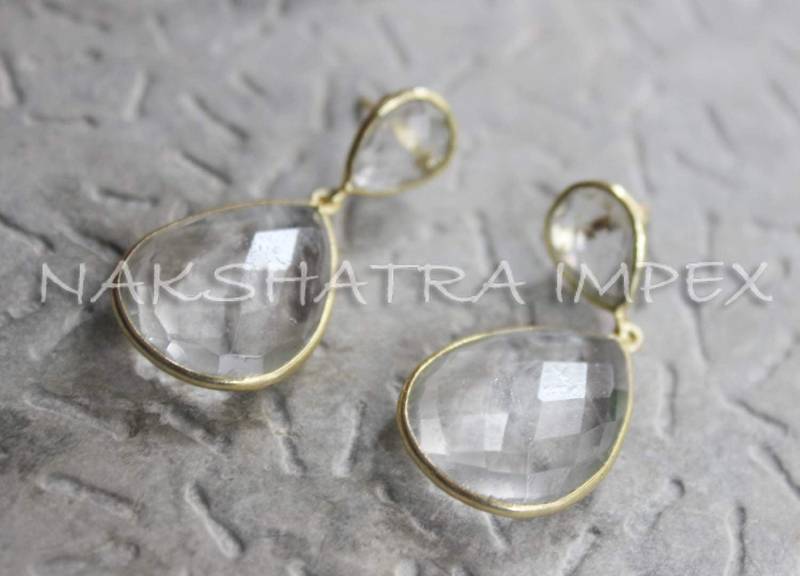 Natürliche Crystal Quarz 9x12mm & 18x25mm Birne Briolette 925 Sterlingsilber Gold Plattiert Ohrringe Baumeln von NAKSHATRAIMPEX