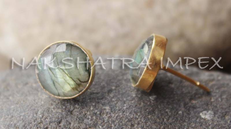Natürliche Labradorit 12mm Runde Briolette 925 Sterling Silber Vergoldet Ohrstecker von NAKSHATRAIMPEX