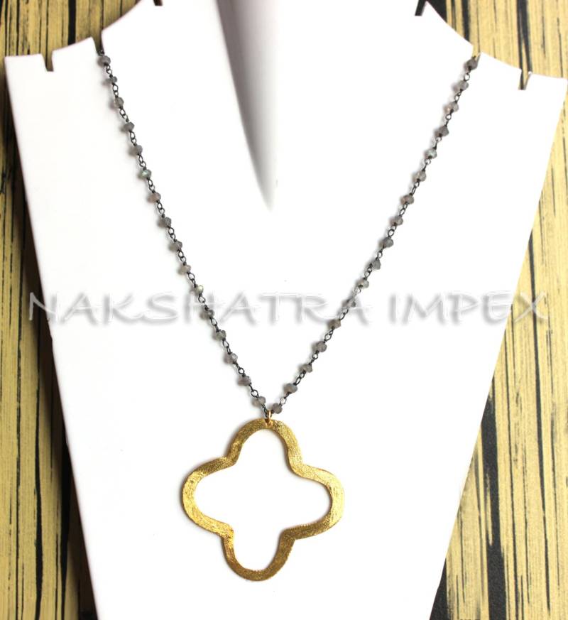 Natürliche Labradorit Rondelle Facette 925 Sterlingsilber Perlen Kette Oxidiert Halskette Mit 1, 5 Zoll Gold Plattiert Klee von NAKSHATRAIMPEX