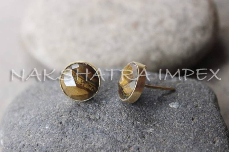 Natürliche Tiger Auge 12mm Runde Briolette 925 Sterlingsilber Gold Plattiert Ohrstecker Ohrringe von NAKSHATRAIMPEX